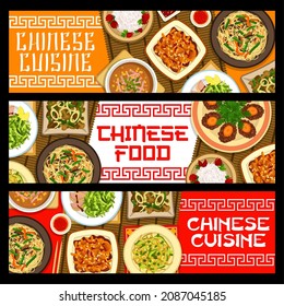 Chinese food banners, Asian cuisine menu dishes, vector China restaurant meals. Chinese cuisine food traditional Peking duck salad, chow mein noodles and kung pao chicken with chilli and peanuts