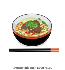 Chinese food - beef noodle soup in a bowl.