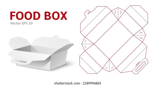 Chinese Food Box Layout. Realistic Low Paper Package, White Cardboard Origami Template, Cutting Takeout Container, Empty Package For Noodles Mockup, Scheme For Typography Utter Vector Concept