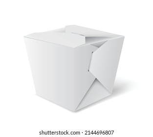 Caja de comida china. Modelo realista de paquete de comida para llevar para fideos chinos y comida rápida asiática. Sacar la bolsa de cartón para el almuerzo se burla de un aislado de fondo blanco. Ilustración del vector