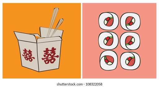 Chinese food box and rolls vector illustrations