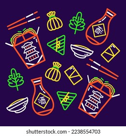 Chinese food, boxed noodles and dumplings outline pattern