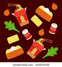 Chinese food. Boxed noodles, steamed buns, fried rolls and vegetables pattern