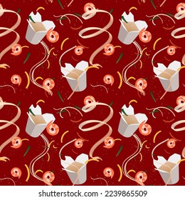 Chinese food in boxes seamless pattern on a red background. Carton food boxes with noodles, vegetables, seafood and meat, different fillings. Traditional Asian food. Vector food background.