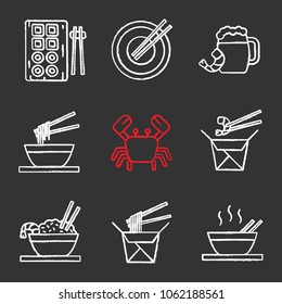 Chinese food chalk icons set. Sushi, noodles, ramen, fried rice with seafood chopsticks, beer, crab. Isolated vector chalkboard illustrations