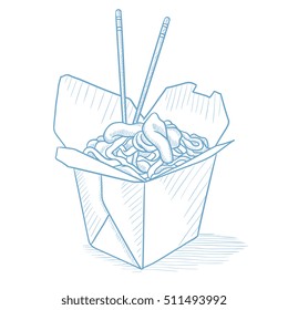 Chinese Food And Chopsticks In A Takeaway Container. Chinese Food In A Takeaway Container Hand Drawn On White Background. Chinese Food Sketch Illustration. Chinese Food Vector Illustration.