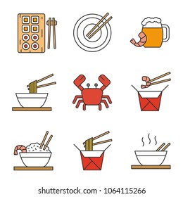 Chinese food color icons set. Sushi, noodles, ramen, fried rice with seafood chopsticks, beer, crab. Isolated vector illustrations