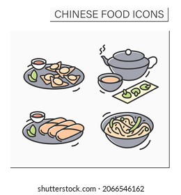 Chinese food color icons set. Hot tea, wonton, chow mein, spring rolls. Asian food recipe and rice bowl for home cooking and recipe book. Isolated vector illustration