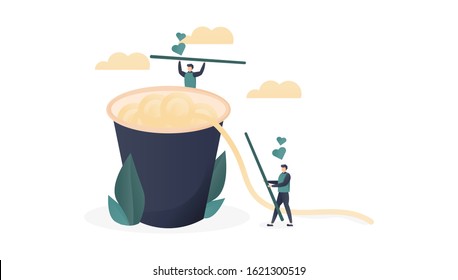 Chinese Food Concept. Male Characters Eating Noodles with Chopsticks. Food business. Cartoon Flat Vector Illustration. Can be used for, landing pages, templates, UI, web.