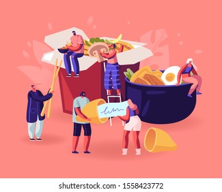 Chinese Food Concept. Male and Female Characters Eating Noodles with Chopsticks, Reading Prediction from Wish Cookies on Paper Piece. Tiny People and Huge Dishes. Cartoon Flat Vector Illustration