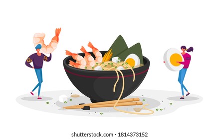 Chinese Food Concept. Tiny Characters Bring Ingredients to Huge Bowl with Ramen Noodles. Man and Woman in Traditional Asian Fastfood Restaurant Having Lunch Meal. Cartoon People Vector Illustration