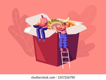 Chinese Food Concept. Tiny People Sitting on Huge Takeaway Wok Box with Noodles and Vegetables. Man and Woman in Traditional Asian Fastfood Restaurant Have Lunch Meal. Cartoon Flat Vector Illustration