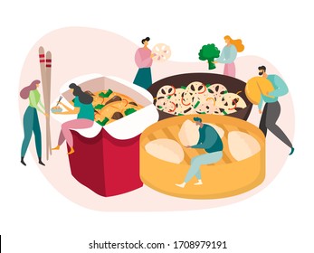 Chinese food concept, tiny people eat huge meal, lunch box delivery, vector illustration. Men and women cartoon characters with chopsticks, takeaway cafe. Asian dumplings and noodles with vegetables