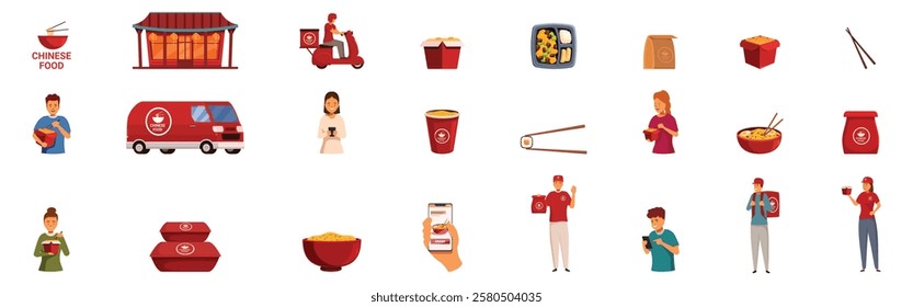  Chinese food delivery icons set. People ordering and receiving chinese takeaway food, with restaurant, delivery scooter, boxes and online ordering mobile app icons