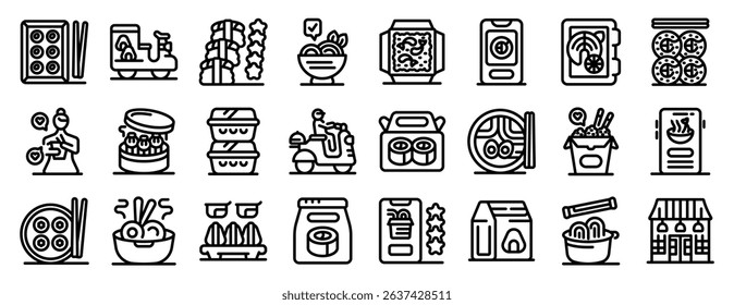 Chinese food delivery icons set. Asian food delivery service providing various dishes, online ordering options, and excellent customer ratings