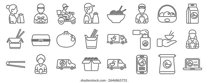  Chinese food delivery icons set. Line icons representing different aspects of food delivery services, from ordering to delivery and packaging