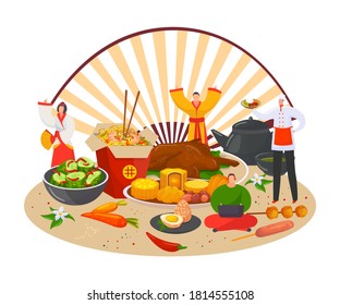 Chinese Food Dishes With Bowls Of Meat, Noodles, Chopsticks, Asiam Cuisine Vector Illustration. Sweet And Sour Chicken, Beef And Broccoli, Chicken. Dinner, China Restaurant Banner.