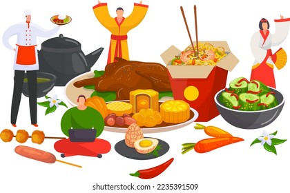 Chinese food dishes with bowls of meat, noodles, chopsticks, asiam cuisine vector illustration. Sweet and sour chicken, beef and broccoli, chicken chow mein.