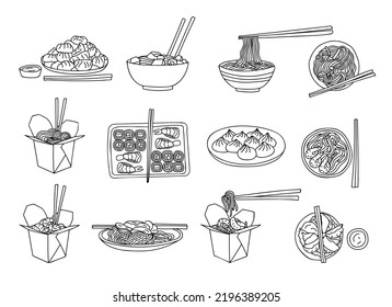 Ilustración de doodle de comida china ambientada en vector. Comida japonesa en vectores. Dibujo manual de la cocina china. Los íconos de la comida japonesa dibujados a mano están listos.