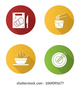 Chinese food flat design long shadow glyph icons set. Noodles in paper box, ramen, chopsticks, sliced bread. Vector silhouette illustration