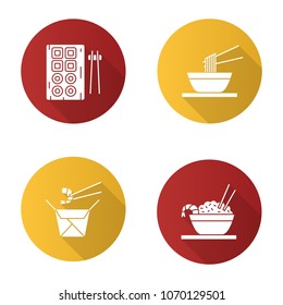 Chinese food flat design long shadow glyph icons set. Sushi, noodles, ramen, fried rice and chopsticks. Vector silhouette illustration