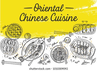 Chinese food flyer design. Linear graphic. Vector illustration. Engraved style.