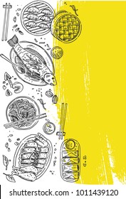 Chinese food flyer design. Linear graphic. Vector illustration. Engraved style.