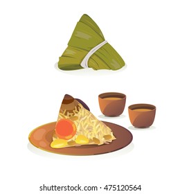 Chinese food : glutinous rice dumpling with stewed pork, mushroom, peanut  wrapped in bamboo leaves in triangle shape.