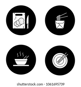 Chinese food glyph icons set. Noodles in paper box, ramen, chopsticks, sliced bread. Vector white silhouettes illustrations in black circles