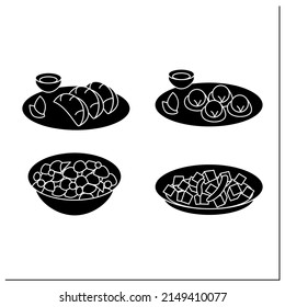 Chinese food glyph icons set. Vegetarian and chicken dumplings, mapo tofu, kung pao chicken. Asian food recipe.Filled flat signs. Isolated silhouette vector illustrations
