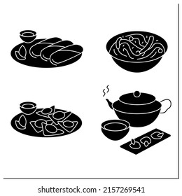 Chinese food glyph icons set. Hot tea, wonton, chow mein, spring rolls. Asian food recipe and rice bowl for home cooking and recipe book.Filled flat signs. Isolated silhouette vector illustrations svg