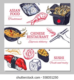 Chinese food horizontal banners with noodles soup rice sushi and seafood in hand drawn style vector illustration