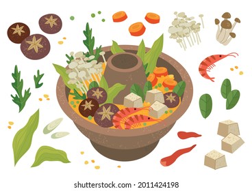 Chinese Food Hot Pot set. Vector isolated, Graphic illustration of a Chinese hot pot. Reunion Dinner, Happy New Year. Seafood, shiitake mushrooms, vegetables in broth. Traditional China food