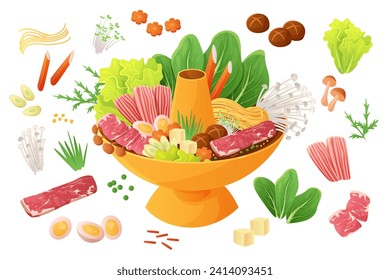 Comida china, set de ollas calientes. Steamboat lleno de cerdo gourmet y carne de res y de ingredientes vegetales, salsa picante para cocinar plato tradicional de Reunión Cena caricatura ilustración vectorial