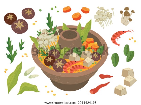 Chinese Food Hot Pot set. Vector isolated, Graphic\
illustration of a Chinese hot pot. Reunion Dinner, Happy New Year.\
Seafood, shiitake mushrooms, vegetables in broth. Traditional China\
food