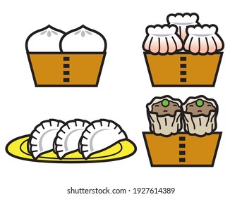 Chinese food icon set. Illustration of meat bun, shrimp dumplings, dumplings, Shumai (Chinese dumpling). 