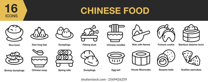 Chinese Food icon set. Includes Soup, Bowl, Chinese, Food, Kitchen, Meal, and More. Outline icons vector collection.