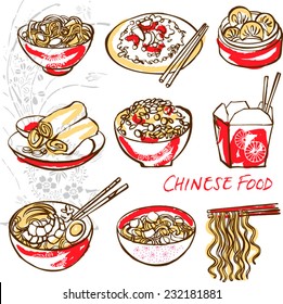 Chinese food icons drawing vector set