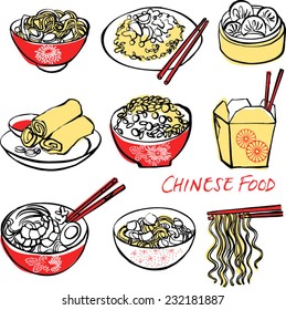 Chinese food icons drawing vector set