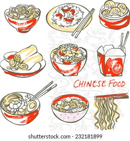 Chinese food icons drawing vector set