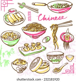 Chinese food icons drawing vector set