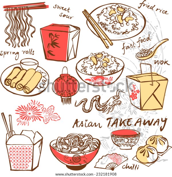 Chinese Food Icons Drawing Vector Set Stock Vector (Royalty Free) 232181908