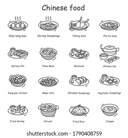 Chinese food icons set. Asian food recipe and rice bowl for home cooking and recipe book line pictograms. Tasty soups, snacks and restaurant takeaway concept. Editable stroke vector illustrations