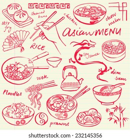 Chinese food icons vector doodle set