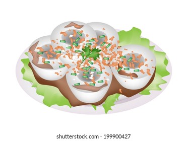 Chinese Food, Illustration of Steamed Rice Pudding Made From Rice Flour and Tapioca Flour Served with Sour Sauce, Fried Garlic and Spring Onion. 