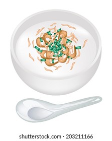 Chinese Food, Illustration of Steamed Rice Pudding Made From Rice Flour and Tapioca Flour Served with Sour Sauce, Fried Garlic and Spring Onion in A White Bowl. 