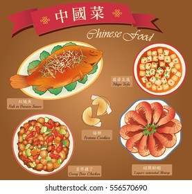 Chinese Food Illustrations and Design Elements. The Chinese header translates to English as Chinese Food. The individual Chinese dish name corresponds to the English names below.