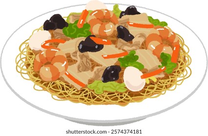 Chinese food in Japan. Ankake Yakisoba is made by pouring a sauce made from stir-fried ingredients such as meat, seafood, and vegetables over stir-fried or fried noodles.