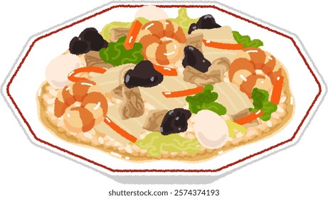 Chinese food in Japan. Chuka don is a rice bowl topped with white rice served in a bowl and topped with a thickened stir-fry of meat, seafood, and vegetables.