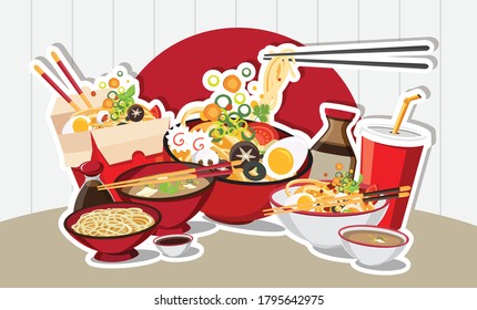 Chinese food, Japanese Ramen On A Bowl , Noodle Soup, take away box, Vector illustration	
